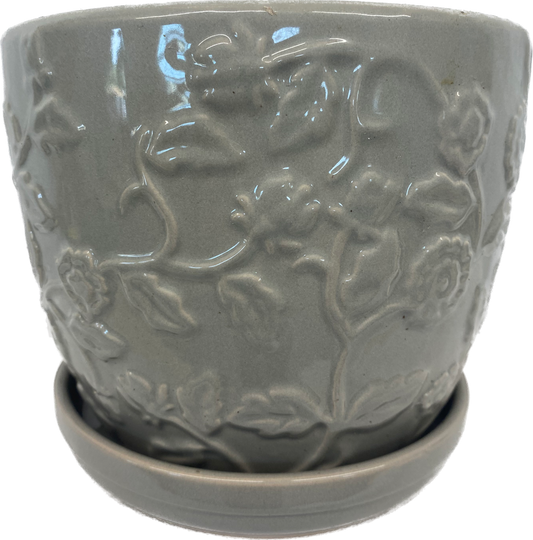 8IN EMBOSSED ROSE FLORAL GLAZED POT - GREY