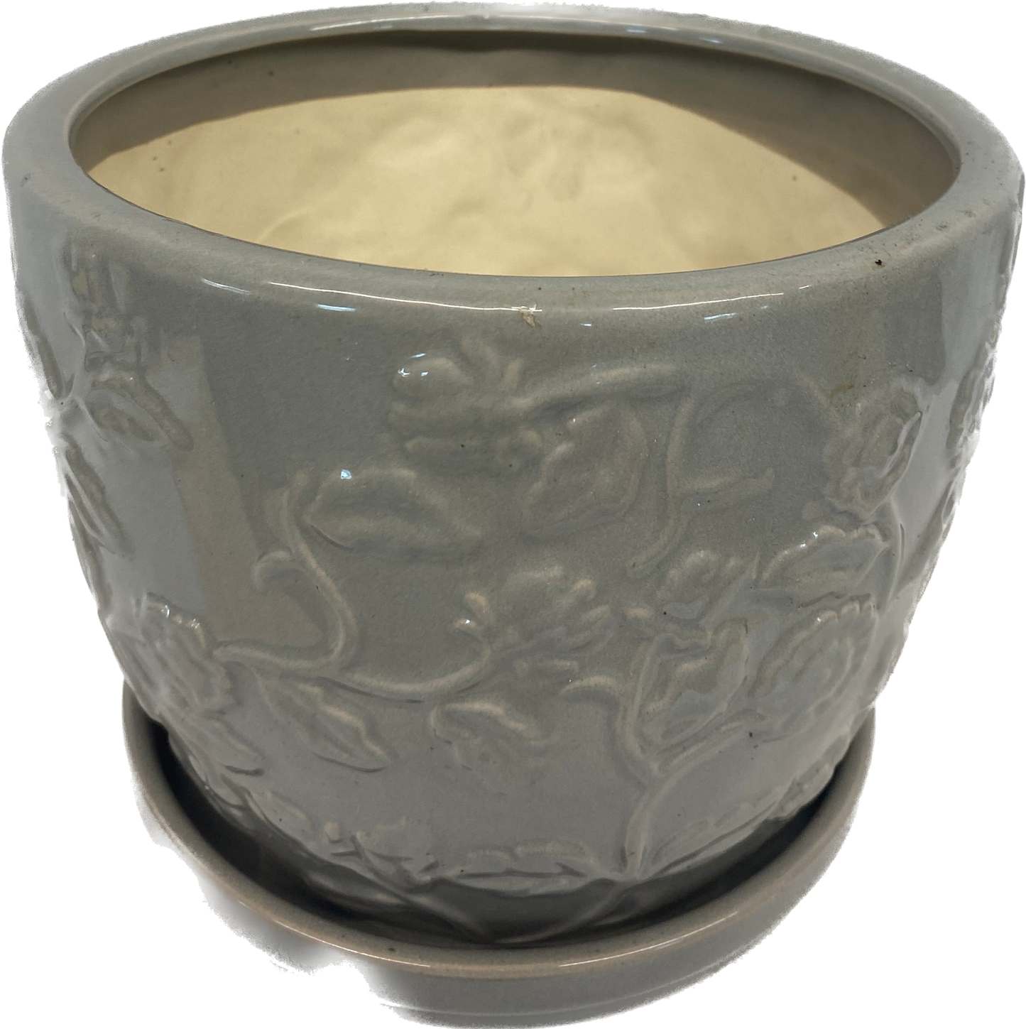 8IN EMBOSSED ROSE FLORAL GLAZED POT - GREY