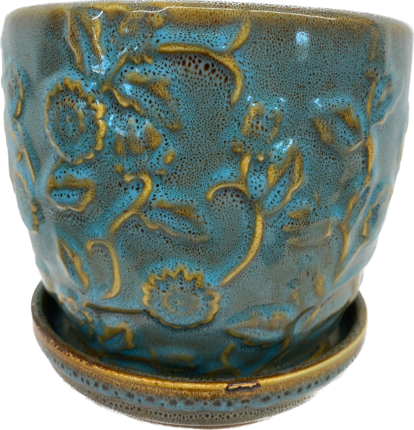 8IN EMBOSSED ROSE FLORAL GLAZED POT - KALEIDESCOPE BLUE