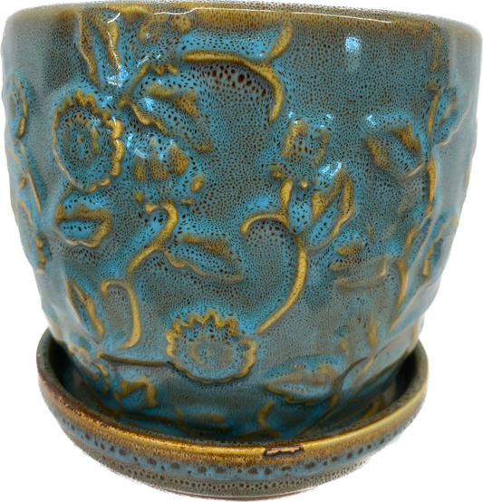 8IN EMBOSSED ROSE FLORAL GLAZED POT - KALEIDESCOPE BLUE