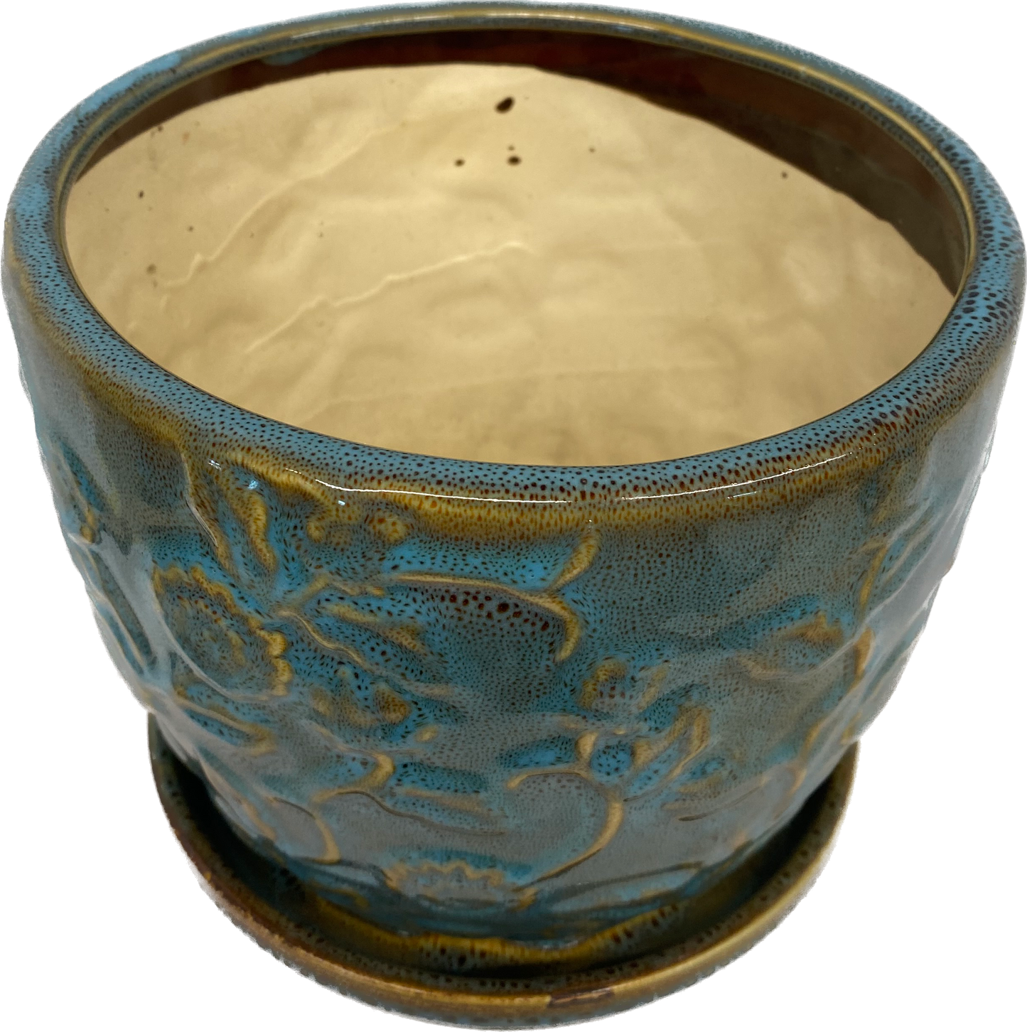 8IN EMBOSSED ROSE FLORAL GLAZED POT - KALEIDESCOPE BLUE