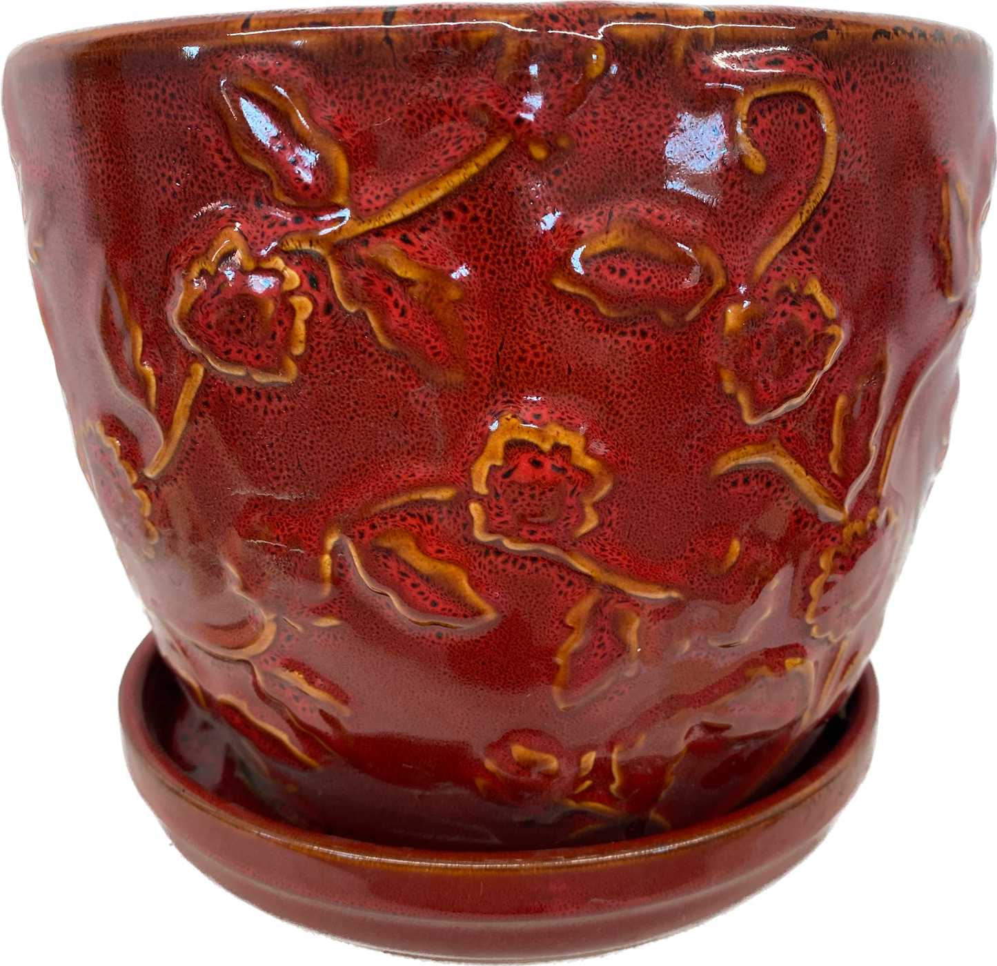 8IN EMBOSSED ROSE FLORAL GLAZED POT - RED