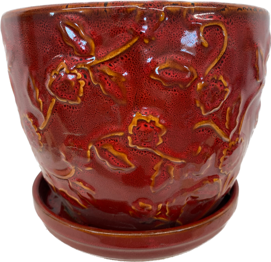 8IN EMBOSSED ROSE FLORAL GLAZED POT - RED