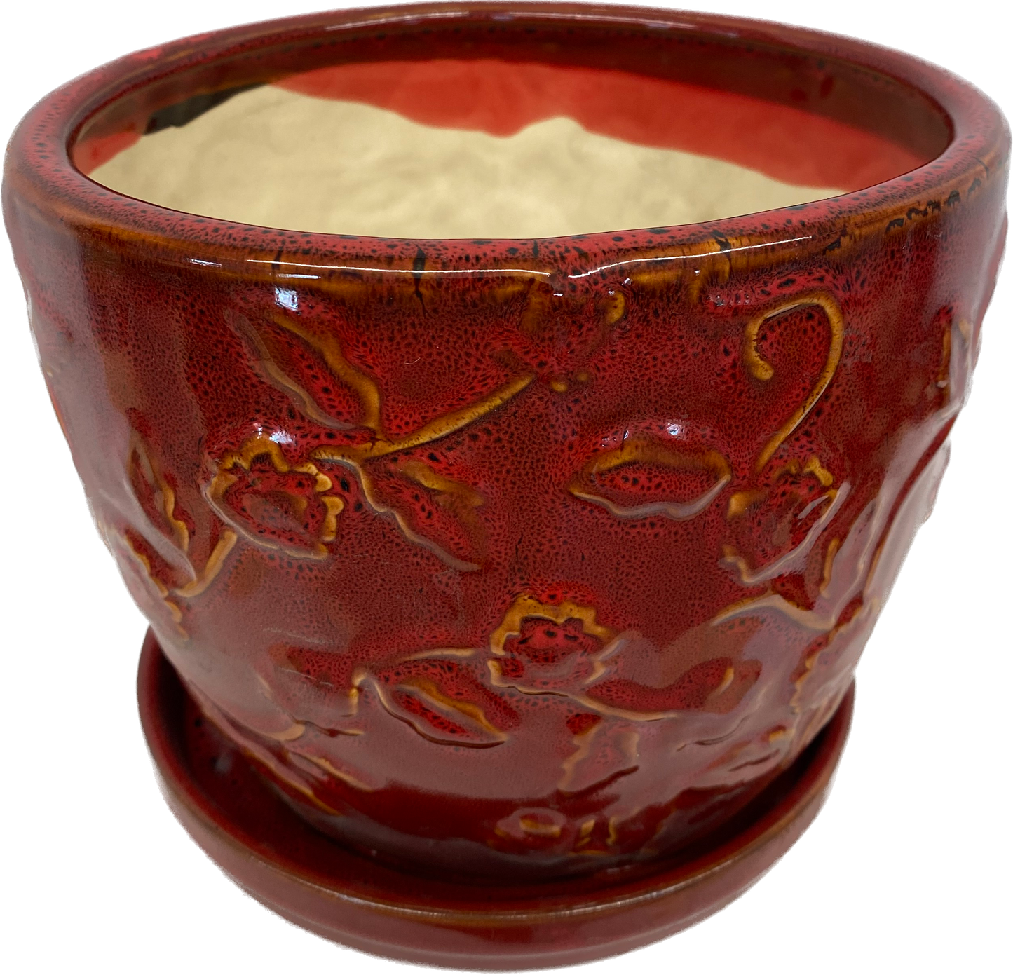 8IN EMBOSSED ROSE FLORAL GLAZED POT - RED