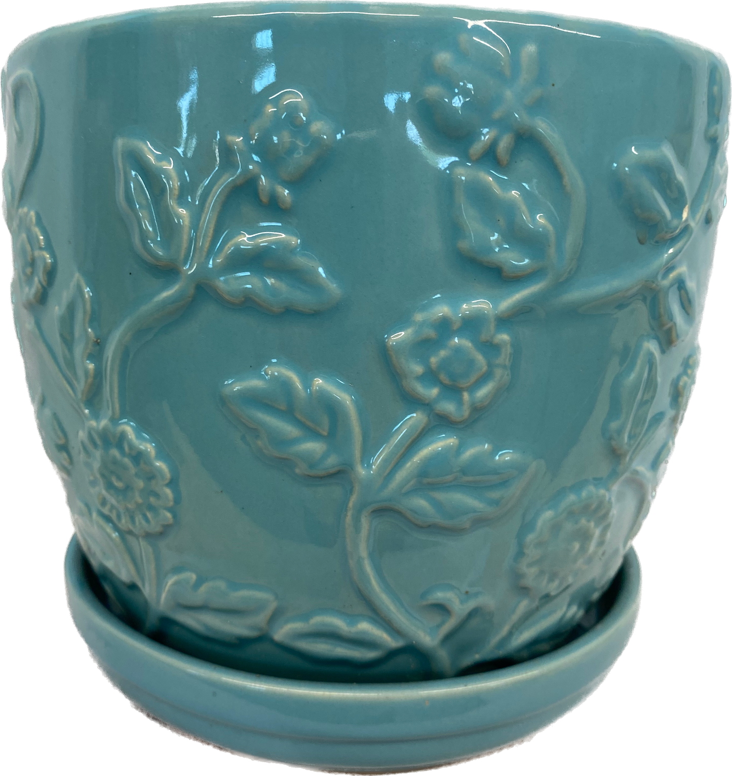 8IN EMBOSSED ROSE FLORAL GLAZED POT - TURQUOISE