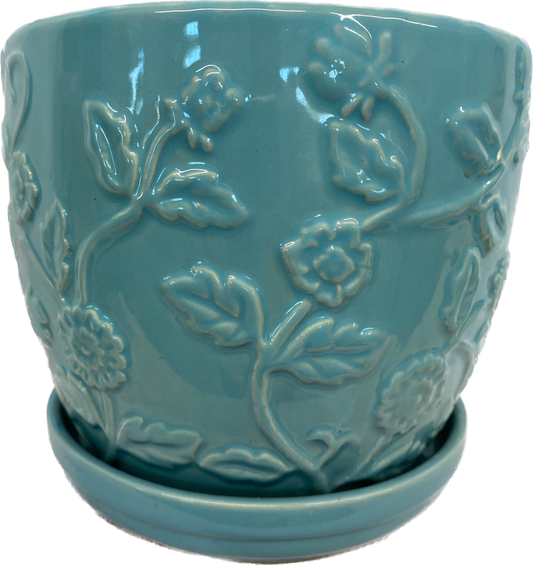 8IN EMBOSSED ROSE FLORAL GLAZED POT - TURQUOISE