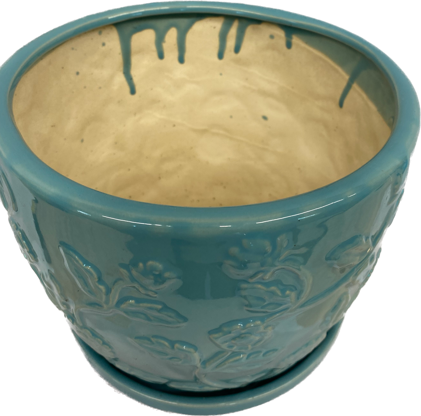 8IN EMBOSSED ROSE FLORAL GLAZED POT - TURQUOISE