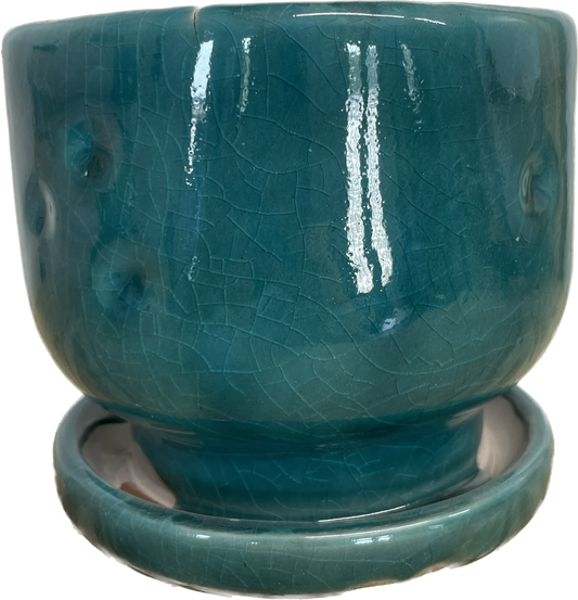 PENA FLORAL GLAZED POT, SMALL - NAUTILUS BLUE