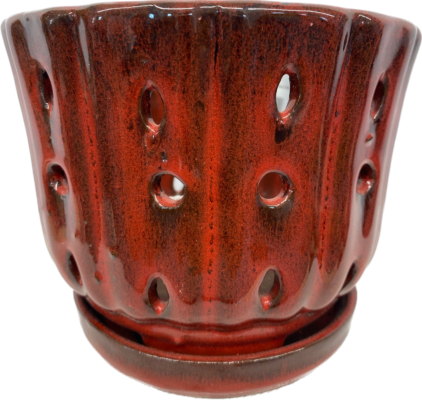 EURO ORCHID FLORAL GLAZED POT WITH SAUCER - TROPICAL RED