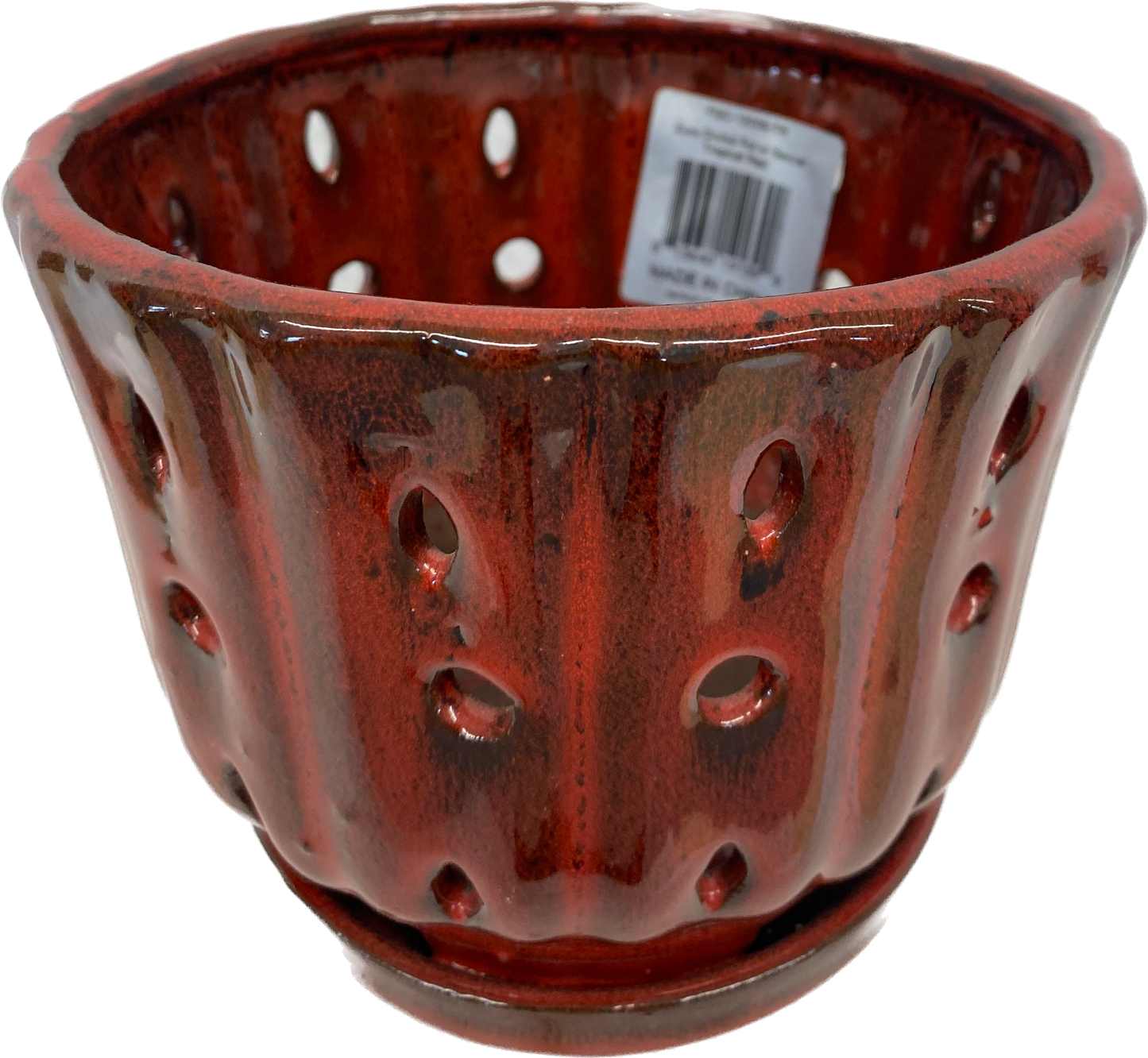 EURO ORCHID FLORAL GLAZED POT WITH SAUCER - TROPICAL RED