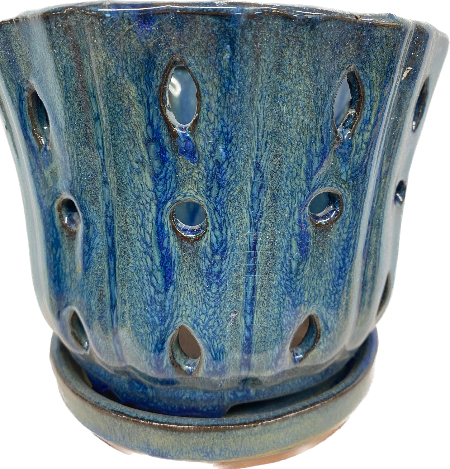 EURO ORCHID FLORAL GLAZED POT WITH SAUCER, LARGE - LAKEWAY BLUE