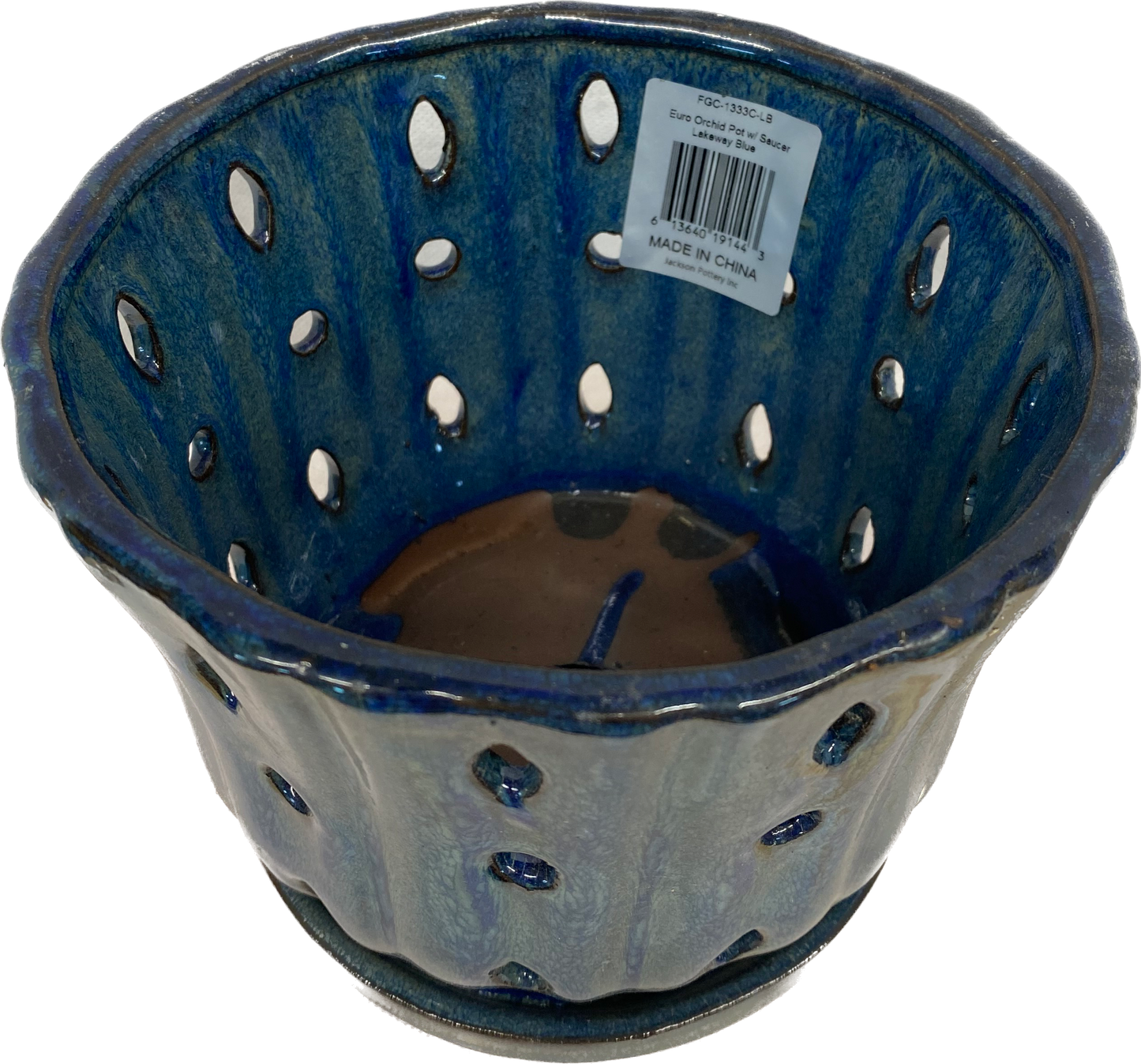 EURO ORCHID FLORAL GLAZED POT WITH SAUCER, LARGE - LAKEWAY BLUE