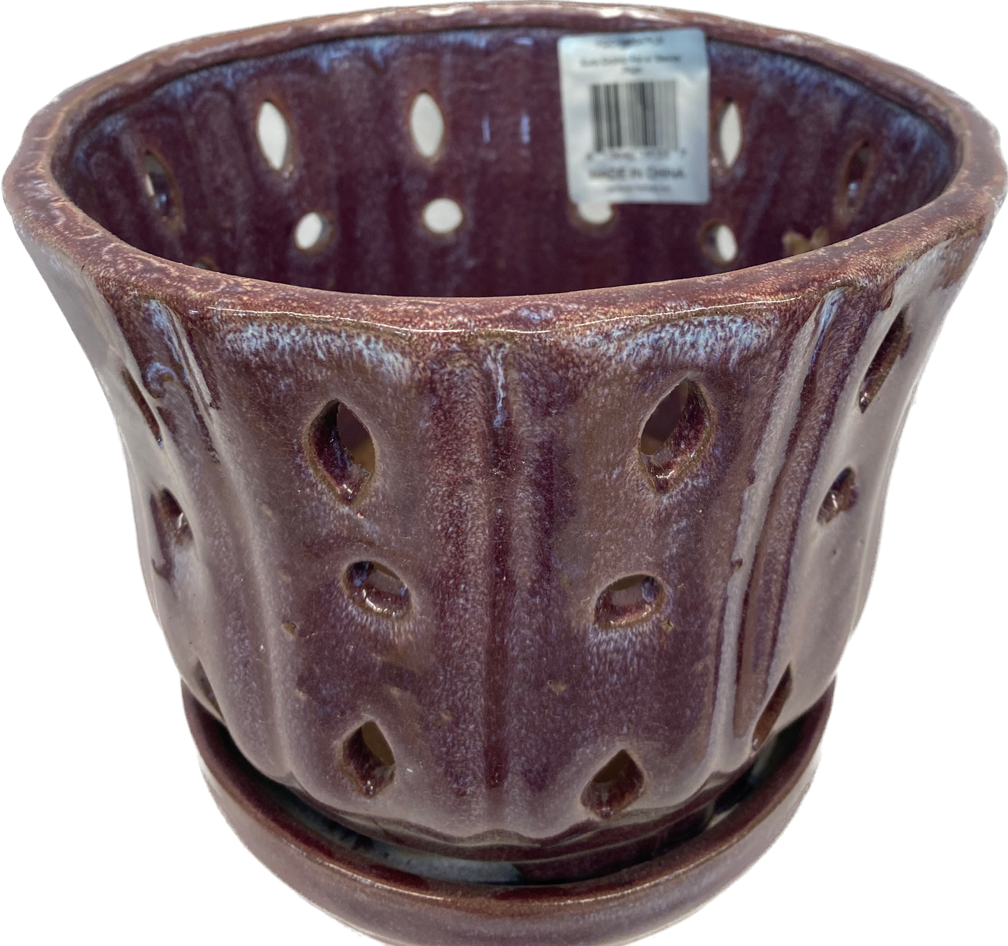 8IN EURO ORCHID FLORAL GLAZED POT WITH SAUCER, LARGE - PLUM PURPLE