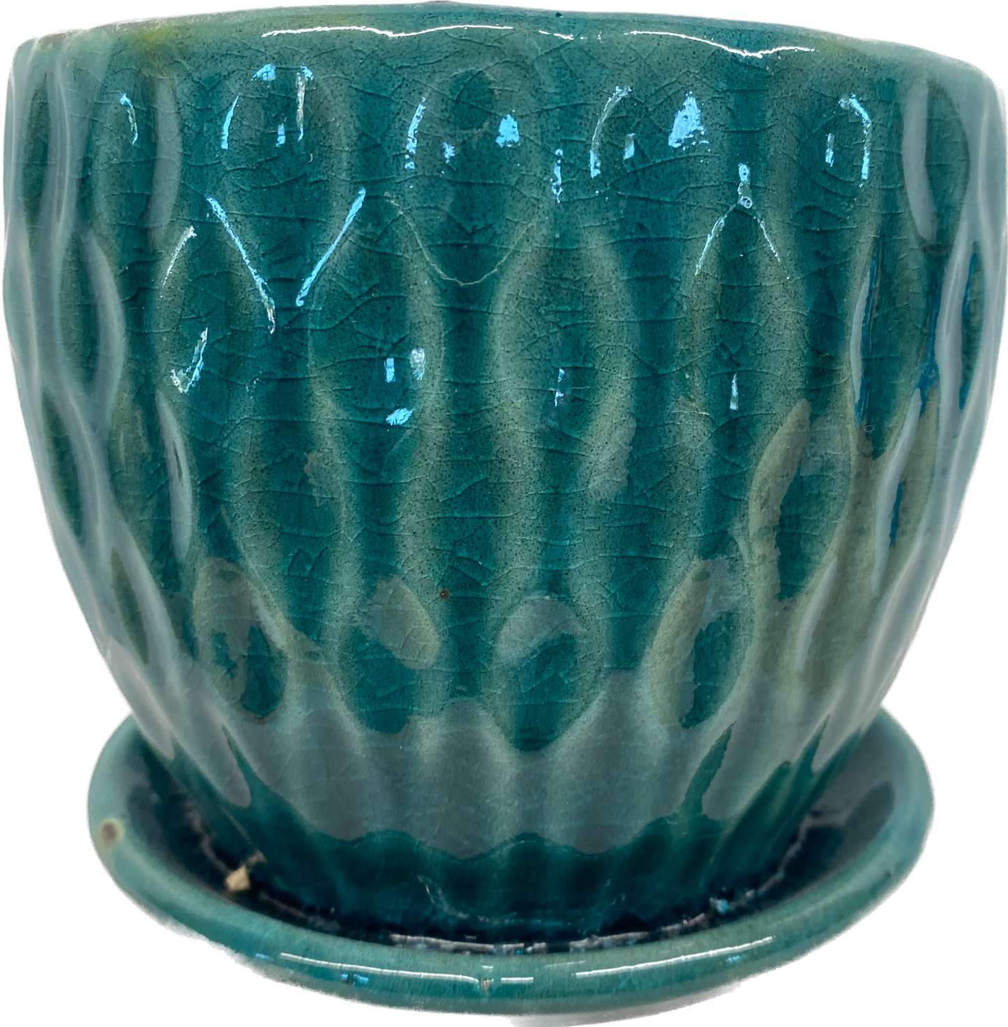 CATAMARAN FLORAL GLAZED POT W SAUCER, SMALL - NAUTILUS BLUE