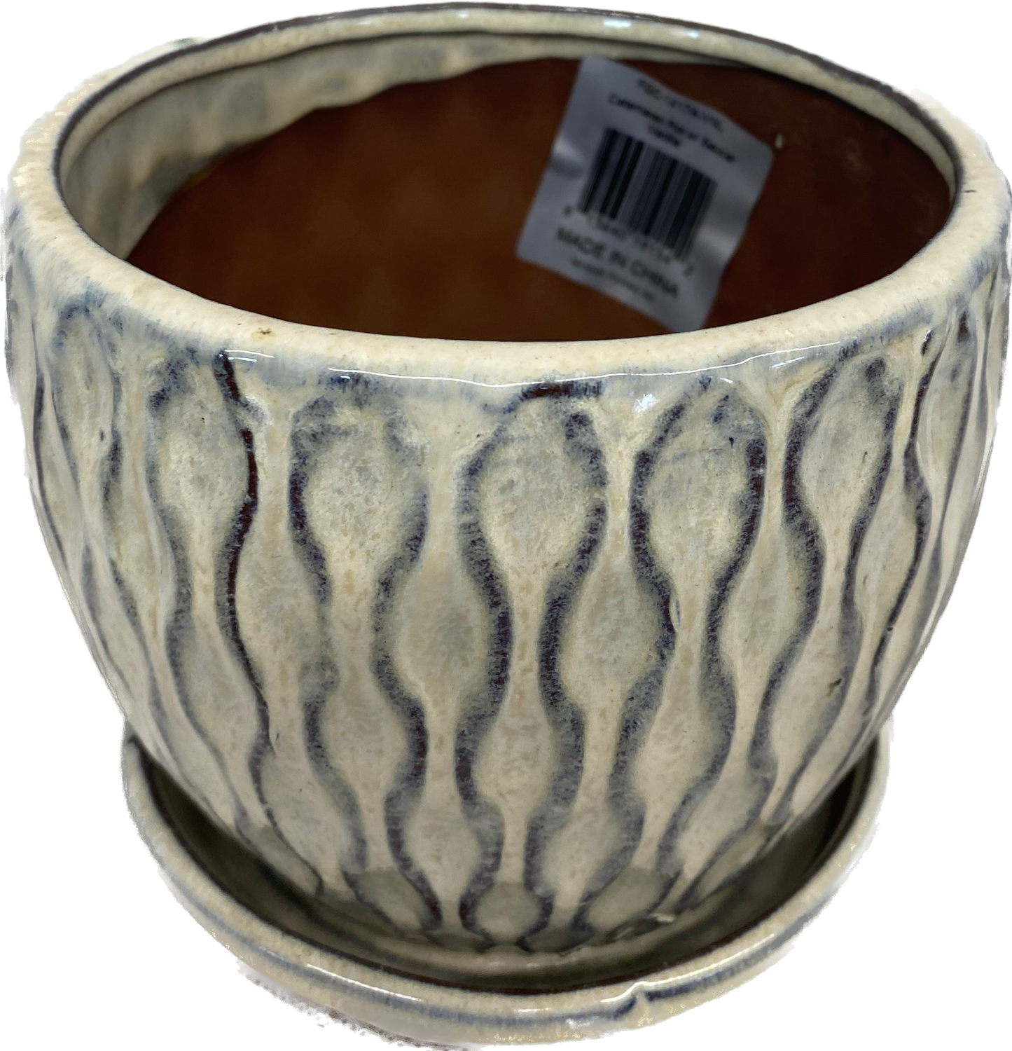 CATAMARAN FLORAL GLAZED POT WITH SAUCER, SMALL - VANILLA BEIGE