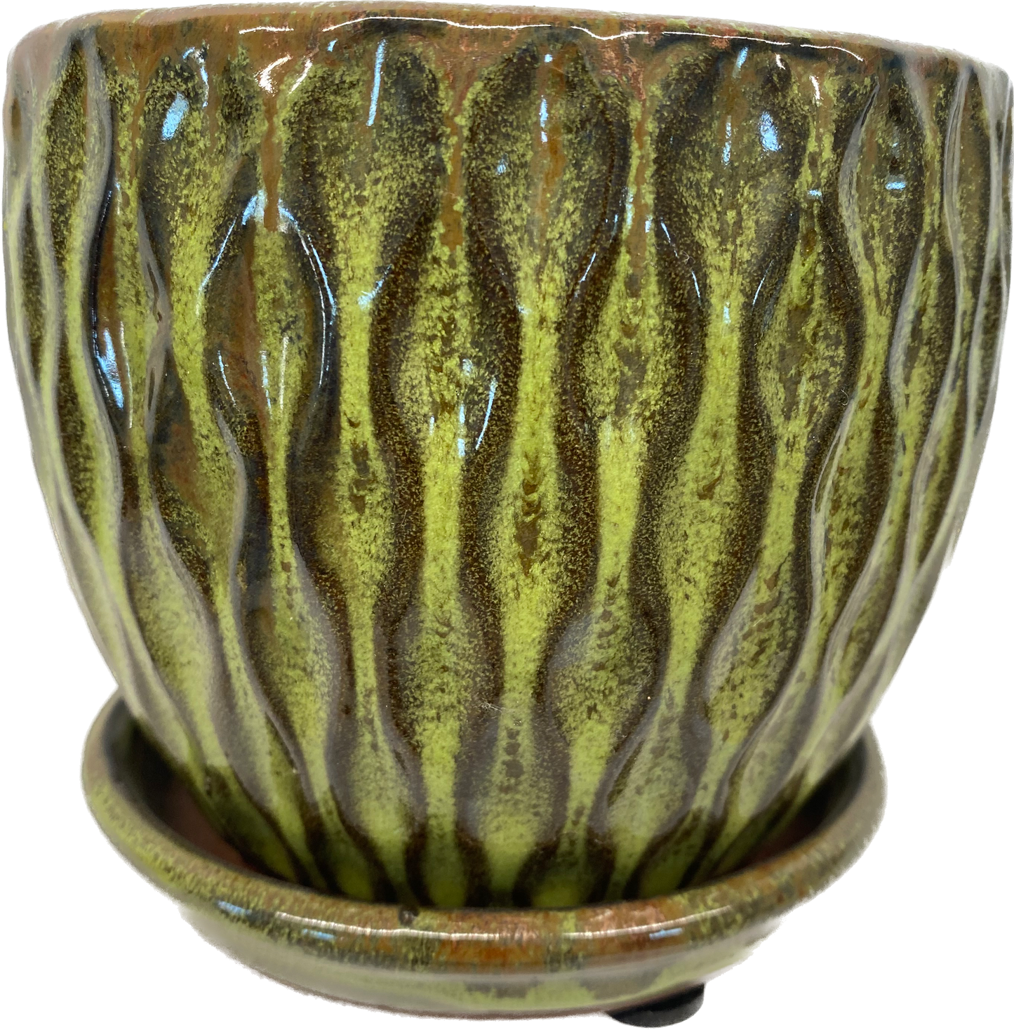 CATAMERAN FLORAL GLAZED POT WITH SAUCER - LIME GREEN