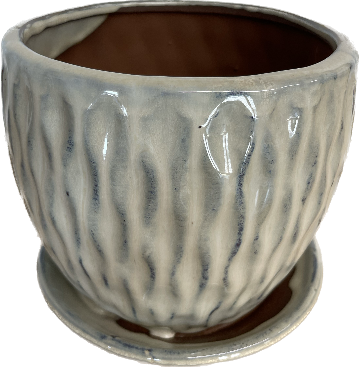 CATAMARAN FLORAL GLAZED POT WITH SAUCER, SMALL - VANILLA BEIGE