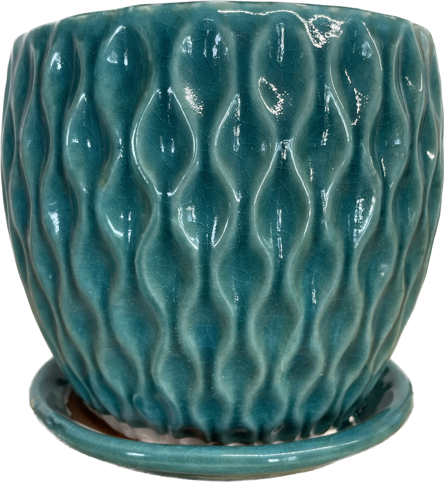 CATAMARAN FLORAL GLAZED POT WITH SAUCER, LARGE - NAUTILUS BLUE