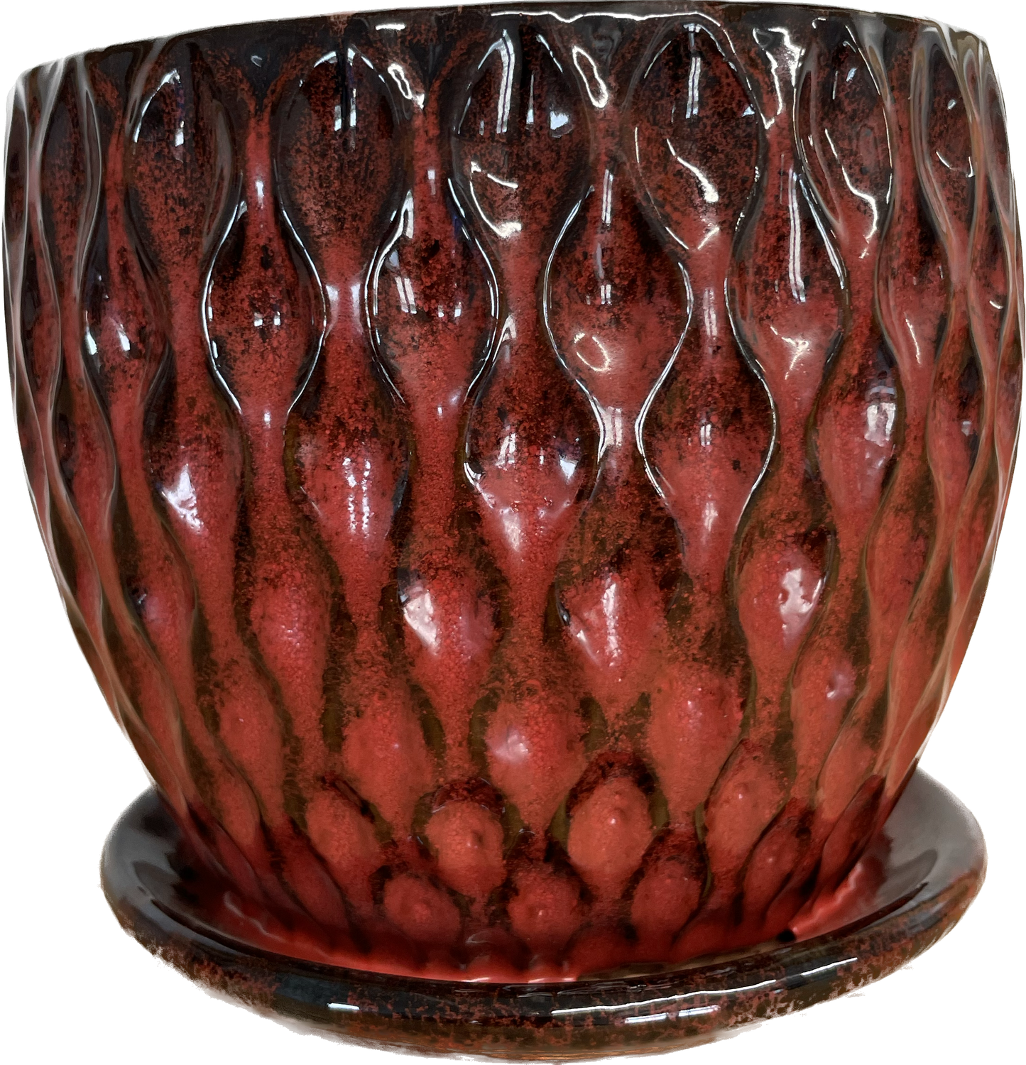 7IN CATAMARAN FLORAL GLAZED POT WITH SAUCER, LARGE - TROPICAL RED