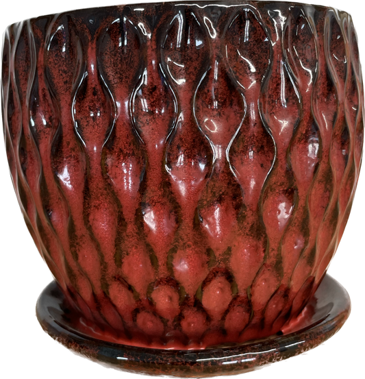 7IN CATAMARAN FLORAL GLAZED POT WITH SAUCER, LARGE - TROPICAL RED