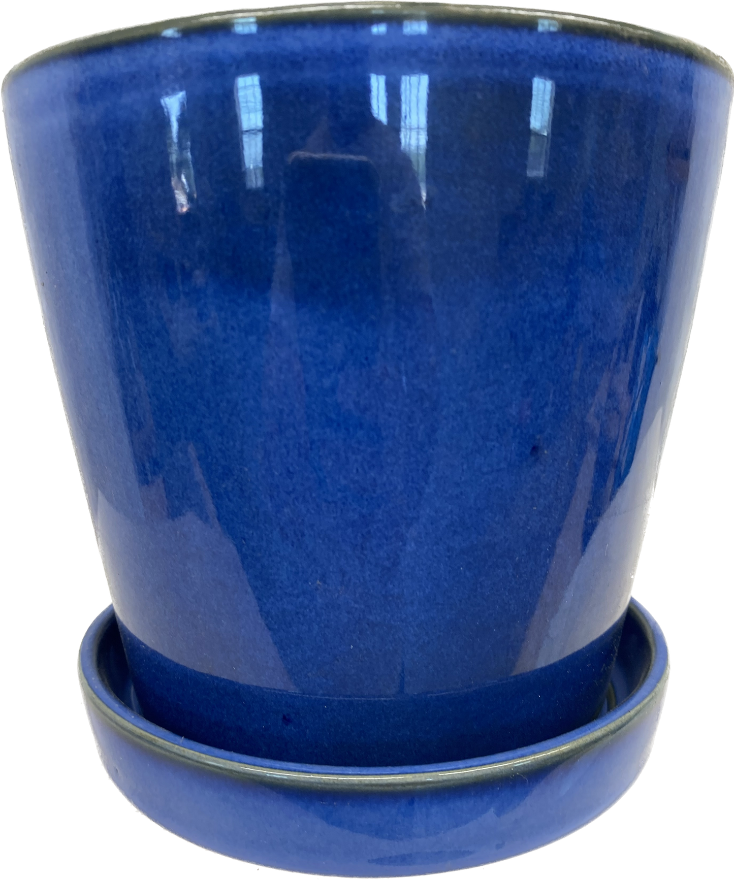 TAPERED FLORAL GLAZED CYLINDER POT WITH SAUCER - BLUE