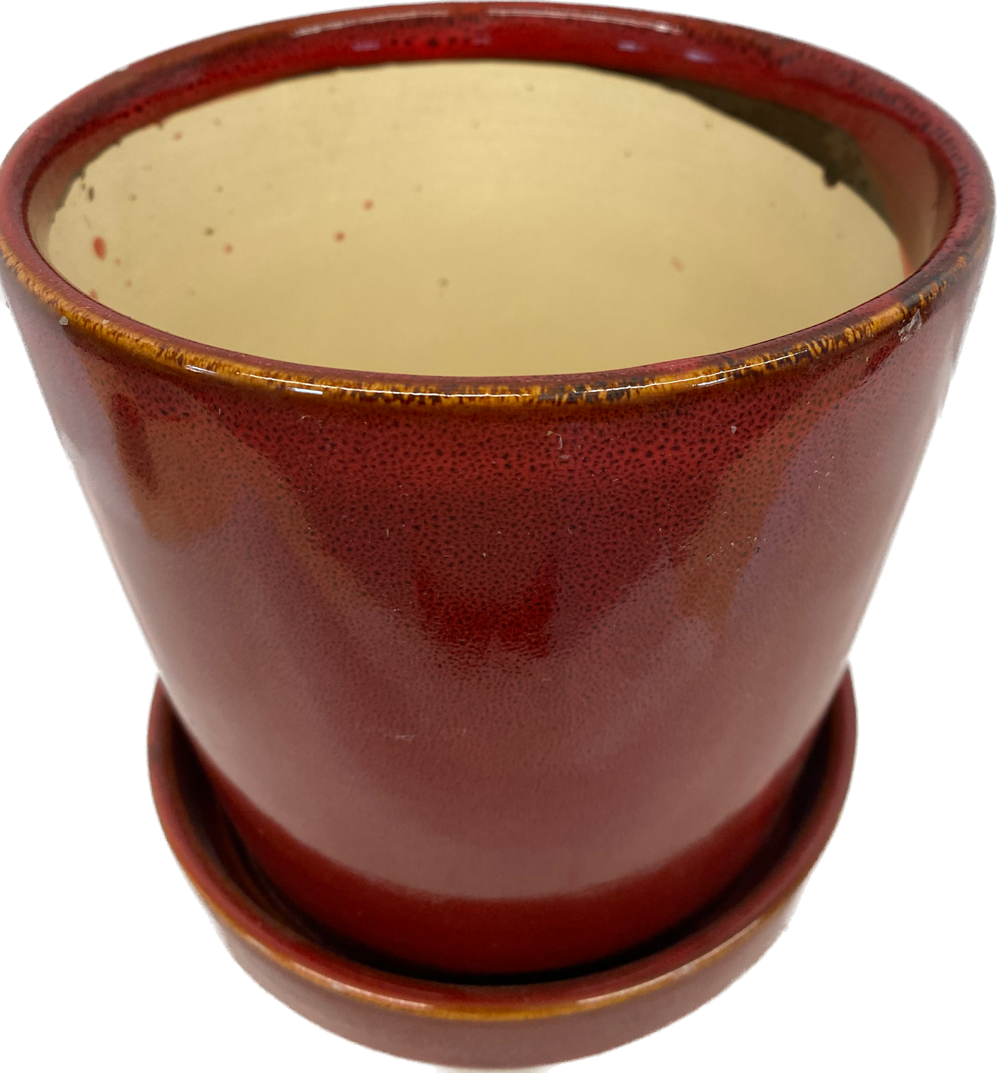 TAPERED FLORAL GLAZED CYLINDER POT WITH SAUCER, SMALL - RED