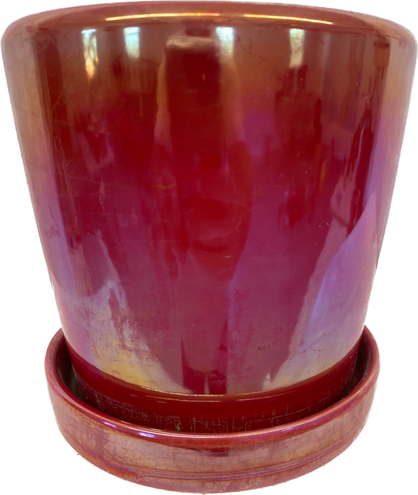 TAPERED FLORAL GLAZED CYLINDER POT WITH SAUCER - RAINBOW RED