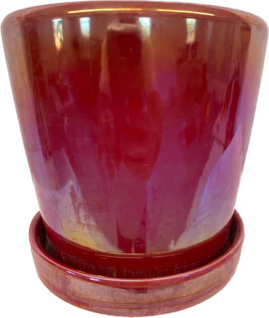 TAPERED FLORAL GLAZED CYLINDER POT WITH SAUCER - RAINBOW RED