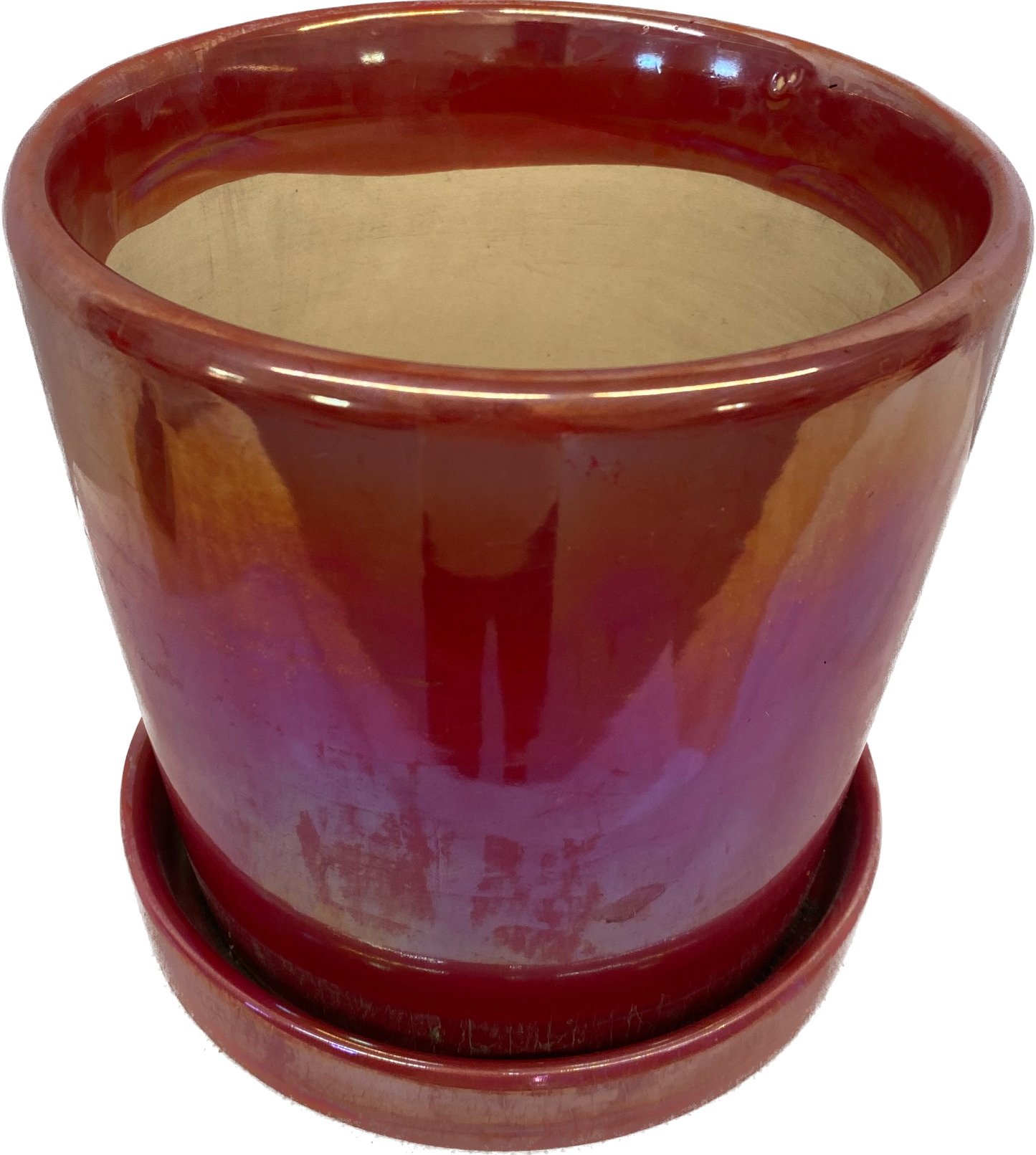 TAPERED FLORAL GLAZED CYLINDER POT WITH SAUCER - RAINBOW RED