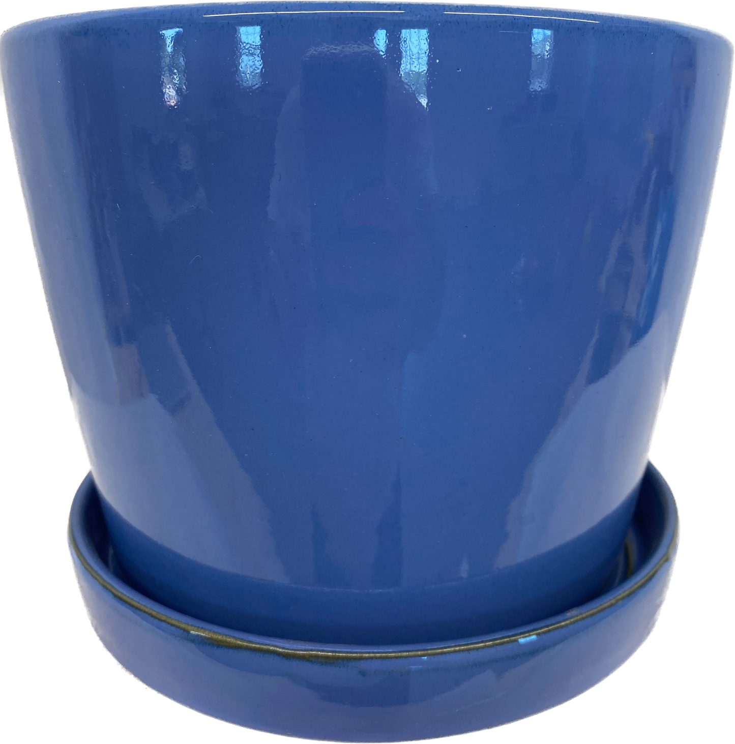 CYLINDER FLORAL GLAZED POT WITH SAUCER - BLUE