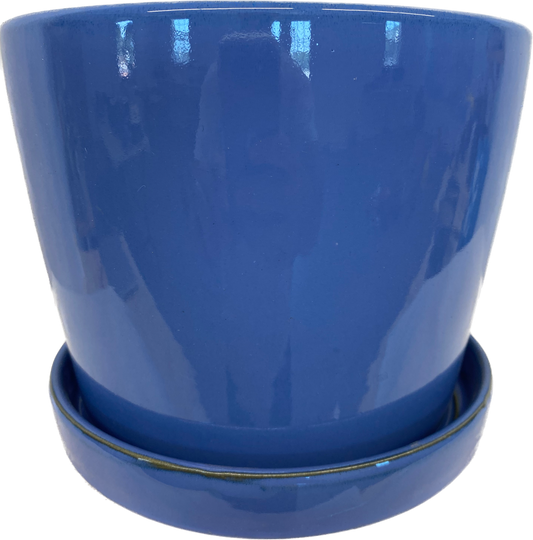 CYLINDER FLORAL GLAZED POT WITH SAUCER - BLUE