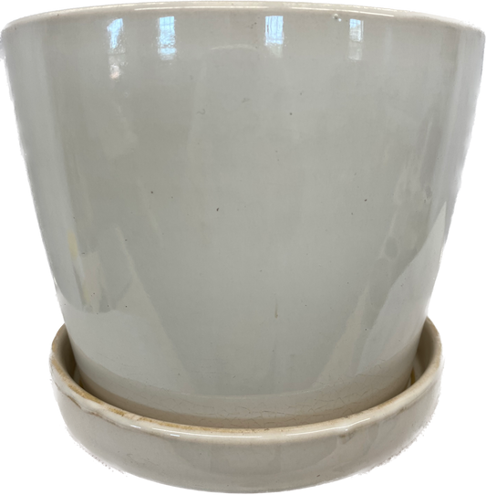 TAPERED FLORAL GLAZED CYLINDER POT WITH SAUCER - CREAM WHITE