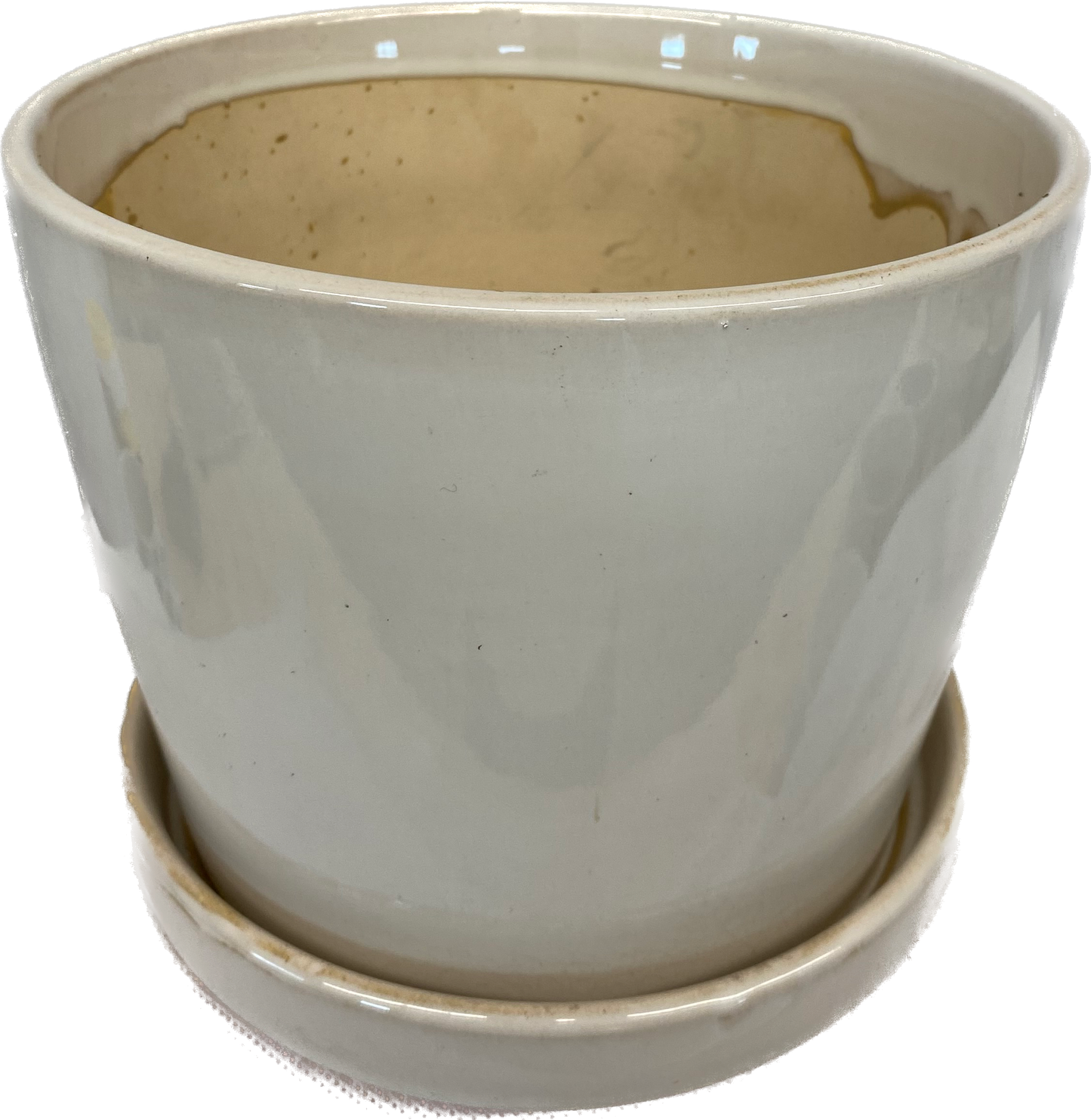 TAPERED FLORAL GLAZED CYLINDER POT WITH SAUCER - CREAM WHITE