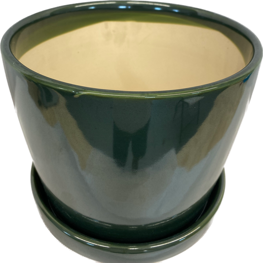 TAPERED FLORAL GLAZED CYLINDER POT WITH SAUCER - FIELD GREEN