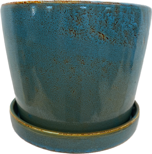 TAPERED FLORAL GLAZED CYLINDER POT WITH SAUCER - KALEIDESCOPE BLUE