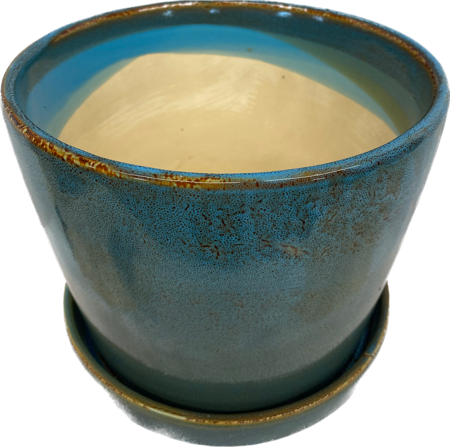 TAPERED FLORAL GLAZED CYLINDER POT WITH SAUCER - KALEIDESCOPE BLUE