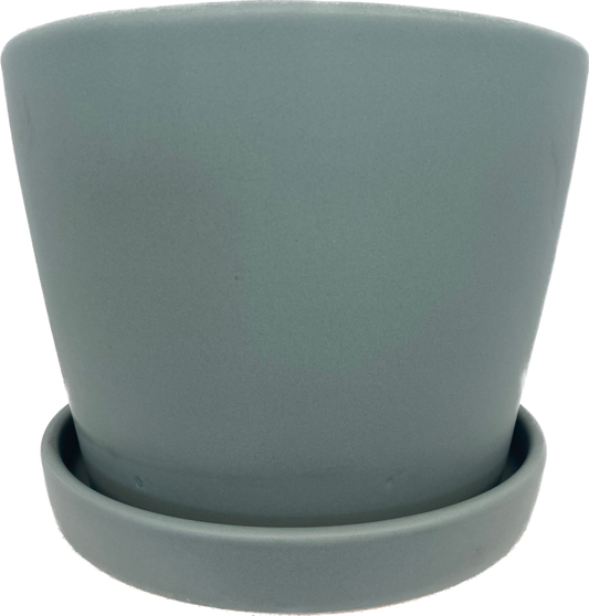 TAPERED FLORAL GLAZED CYLINDER POT WITH SAUCER - MATTE LIGHT GREY