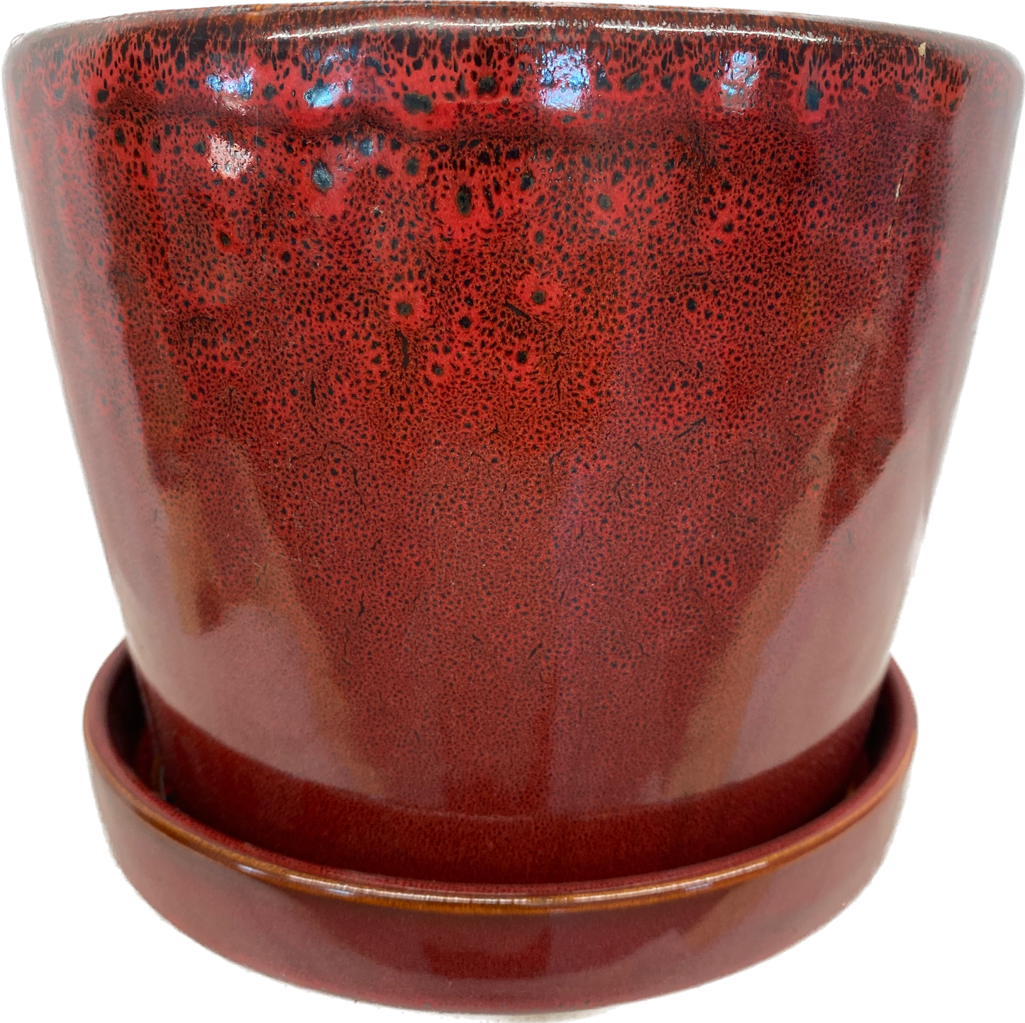 TAPERED FLORAL GLAZED CYLINDER POT WITH SAUCER - RED