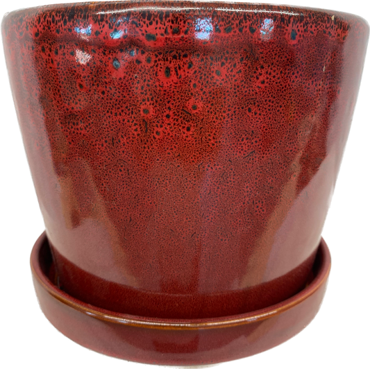 TAPERED FLORAL GLAZED CYLINDER POT WITH SAUCER - RED