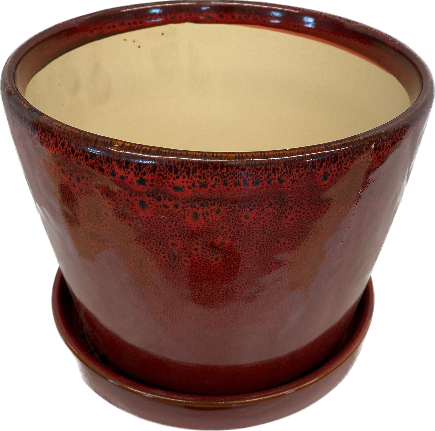 TAPERED FLORAL GLAZED CYLINDER POT WITH SAUCER - RED