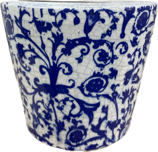 BOTANICA TAPERED FLORAL GLAZED PLANTER - BLUE & WHITE