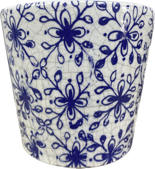 6.3IN ABBY FLORAL TAPERED FLORAL GLAZED PLANTER - BLUE & WHITE