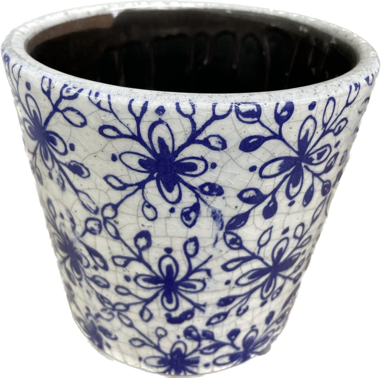 6.3IN ABBY FLORAL TAPERED FLORAL GLAZED PLANTER - BLUE & WHITE