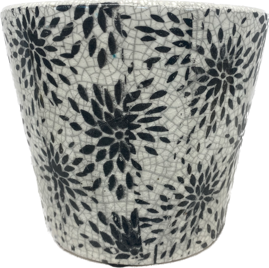 6.3IN FLORAL FIREWORK TAPERED FLORAL GLAZED PLANTER - BLACK & WHITE