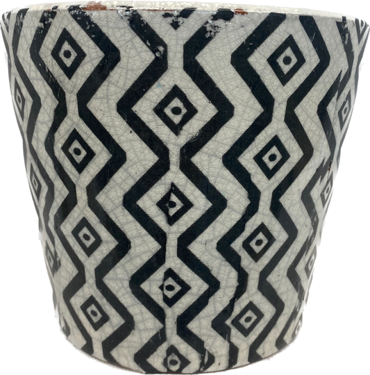 6.3IN ZIG ZAG TAPERED FLORAL GLAZED PLANTER - BLACK & WHITE