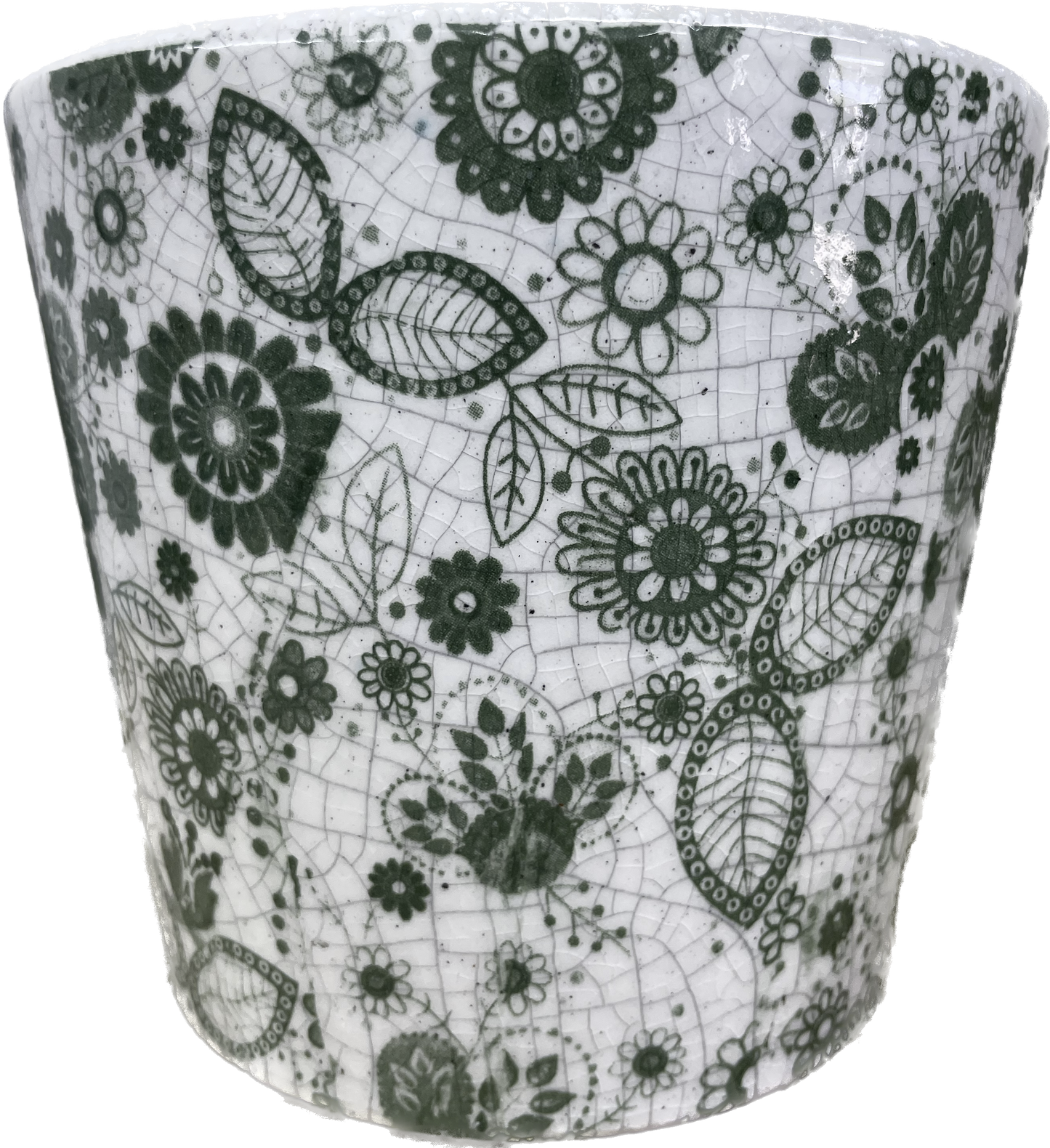 WONDERLAND TAPERED FLORAL GLAZED PLANTER - GREEN & WHITE