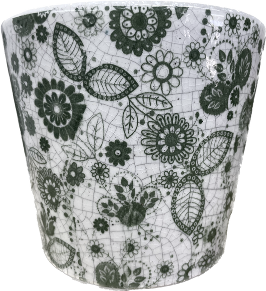 WONDERLAND TAPERED FLORAL GLAZED PLANTER - GREEN & WHITE