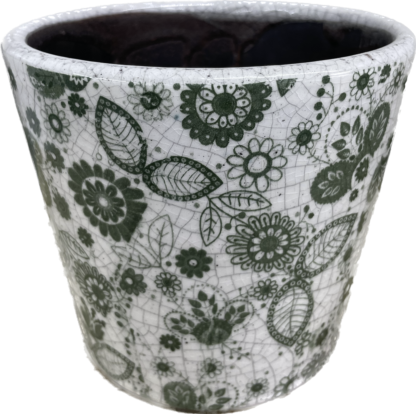 WONDERLAND TAPERED FLORAL GLAZED PLANTER - GREEN & WHITE