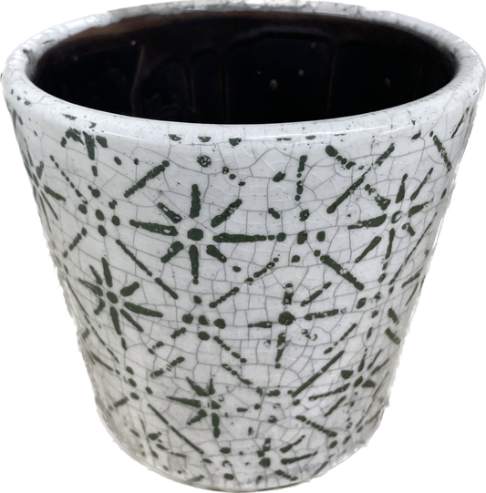 6.3IN CELEBRATION TAPERED FLORAL GLAZED PLANTER - GREEN & WHITE