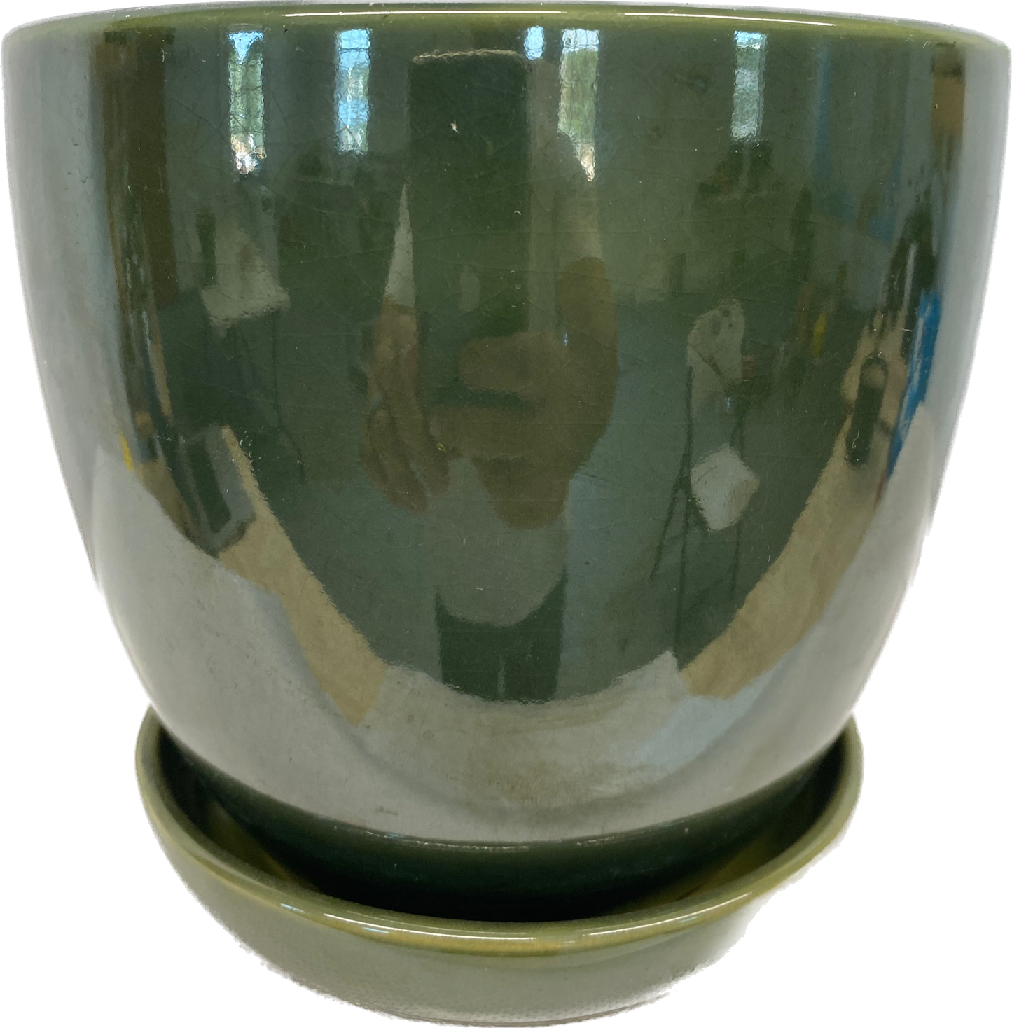 BELL FLORAL GLAZED POT WITH SAUCER - FIELD GREEN